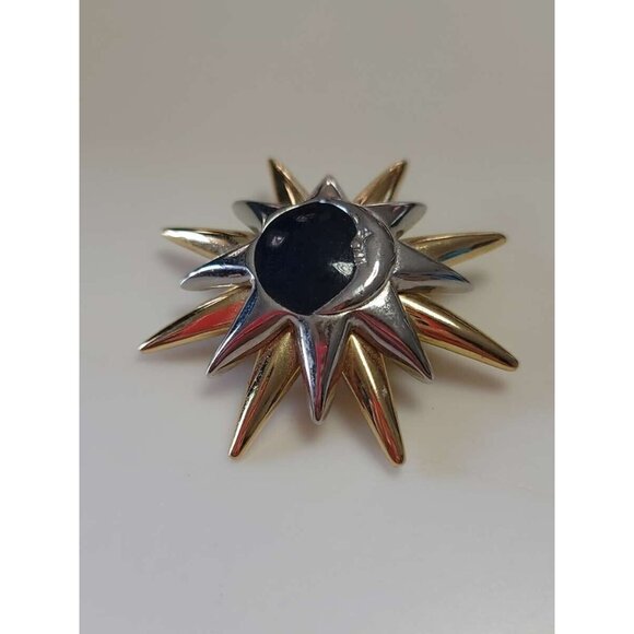 Liz Claiborne Celestial Sun Moon Brooch Sunburst Gold Silver Tone - Picture 4 of 9